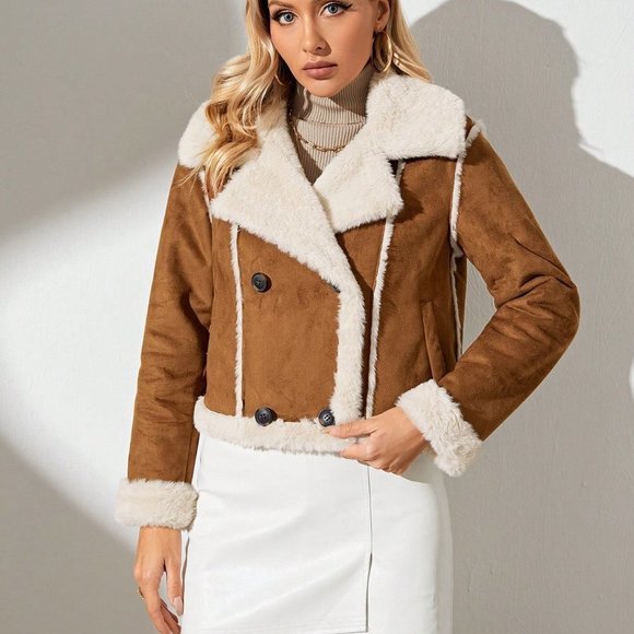 Camel Casual Womens Teddy Lined Double Breasted Faux Suede Jacket - Picture 4 of 5